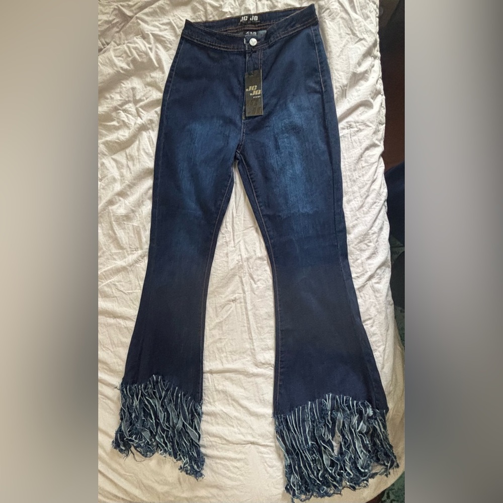 Stylish Dark Blue Flare JC JQ Jeans with Fringe Hem